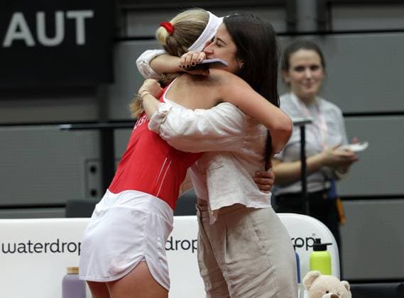 TENNIS - Billie Jean King Cup, AUT vs MEX SCHWECHAT,AUSTRIA,11.NOV.23 - TENNIS - Billie Jean King Cup, play off, Austria vs Mexico. Image shows the rejoicing of team manager Tamara Schandl and Sinja Kraus (AUT).  GEPAxpictures xWalterxLuger