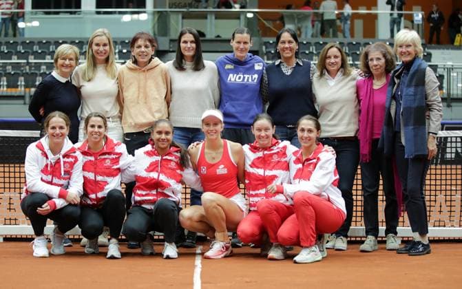 TENNIS - Billie Jean King Cup, AUT vs MEX SCHWECHAT,AUSTRIA,11.NOV.23 - TENNIS - Billie Jean King Cup, play off, Austria vs Mexico. Image shows 1st row: Melanie Klaffner, Julia Grabher, Tamara Kostic, Sinja Kraus, captain Marion Maruska, Tamira Paszek (AUT). 2nd row: Maria Pichler, Barbara Schett, Petra Wetter, Patricia Wartusch, Petra Schwarz, Evelyn Fauth, Sabine Bernegger and Maya Kerschbaum. GEPAxpictures xWalterxLuger