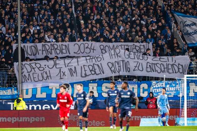 Soccer 1 Bundesliga, Season 2023 2024, Matchday 11, VfL Bochum 1 FC Köln on 11 11 2023 at the VONOVIA RUHRSTADION in Bochum The Bochum fans show a banner and protest against the awarding of the 2034 World Cup to Saudi Arabia IMPORTANT NOTE According to the regulations of the DFL German Football League and the DFB German Football Association, it is prohibited to use or have used photographs taken in the stadium and or from the match in the form of sequential images and or video-like photo series Copyright: xKirchner DavidxInderliedx