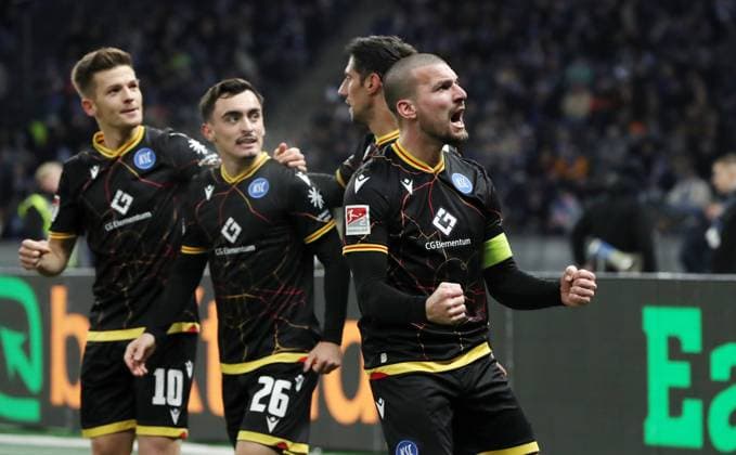Jerome Gondorf celebrates after 0 1 by Deyovaisio Zeefuik Joy Emotion Cheering Sport Soccer Football DFL 2 Bundesliga Men 13 Matchday Season 2023 2024 11 11 2023 Hertha BSC Berlin vs Karlsruher SC KSC DFL regulations prohibit any use of photographs as image sequences and or quasi video