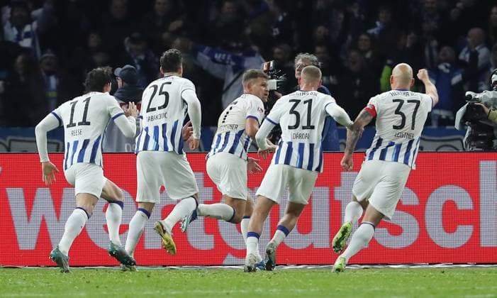 Florian Niederlechner center cheers after 2 1 joy emotion jubilation Sport Football Soccer DFL 2 Bundesliga Men 13 Matchday Season 2023 2024 11 11 2023 Hertha BSC Berlin vs Karlsruher SC KSC DFL regulations prohibit any use of photographs as image sequences and or quasi video