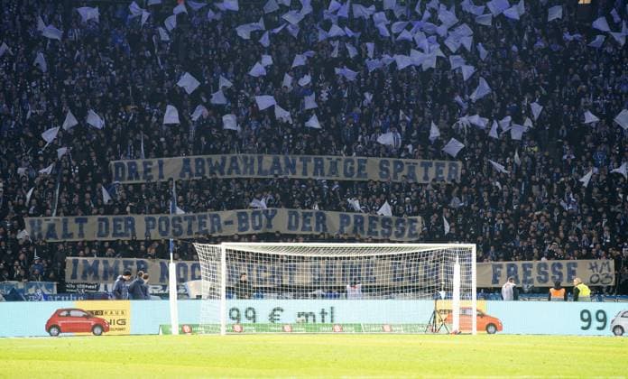Football, Men, Season 2023 2024, 2 Bundesliga 13 Matchday , Hertha BSC Karlsruher SC, Hertha fans with banner, Three deselection motions later, the poster boy of the press still wont shut his face, 11 11 2023, Copyright: xSebastianxRäppold MatthiasxKochx