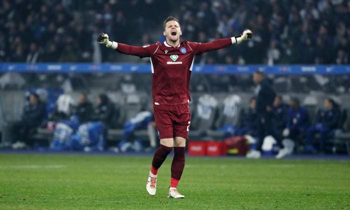 Goalkeeper Patrick Drewes celebrates after 2 2 by Leon Jensen Joy Emotion Cheering Sport Football Soccer DFL 2 Bundesliga Men 13 Matchday Season 2023 2024 11 11 2023 Hertha BSC Berlin vs Karlsruher SC KSC DFL regulations prohibit any use of photographs as image sequences and or quasi video