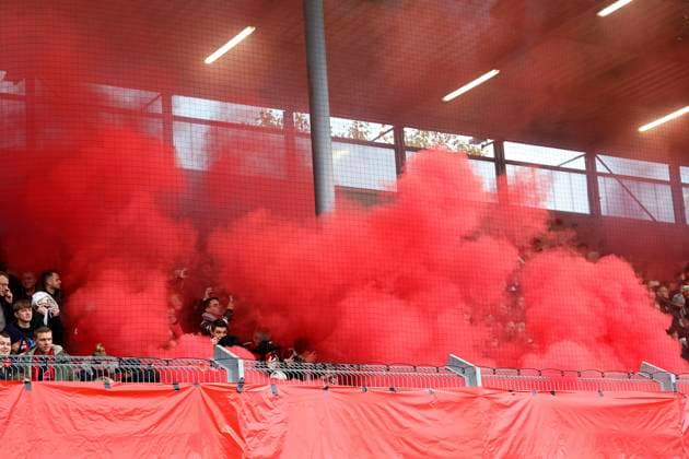12 11 2023, xavx, Soccer 2 Bundesliga, SV Wehen Wiesbaden 1 FC Kaiserslautern emspor, v l spectators, fans, flags, ultras, scarves, choreography, choreography of the fans of SV Wehen Wiesbaden, pyro, pyrotechnics, fog pots, red fog DFL DFB REGULATIONS PROHIBIT ANY USE OF PHOTOGRAPHS as IMAGE SEQUENCES and or QUASI VIDEO Wiesbaden