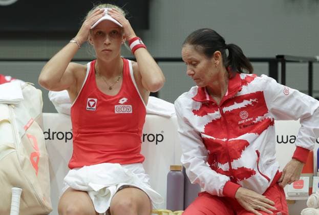 TENNIS - Billie Jean King Cup, AUT vs MEX SCHWECHAT,AUSTRIA,12.NOV.23 - TENNIS - Billie Jean King Cup, play off, Austria vs Mexico. Image shows Sinja Kraus and captain Marion Maruska (AUT).  GEPAxpictures xWalterxLuger