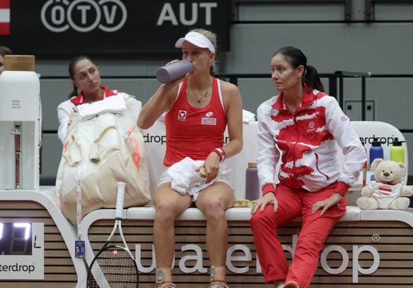TENNIS - Billie Jean King Cup, AUT vs MEX SCHWECHAT,AUSTRIA,12.NOV.23 - TENNIS - Billie Jean King Cup, play off, Austria vs Mexico. Image shows Tamira Paszek, Sinja Kraus and captain Marion Maruska (AUT).  GEPAxpictures xWalterxLuger