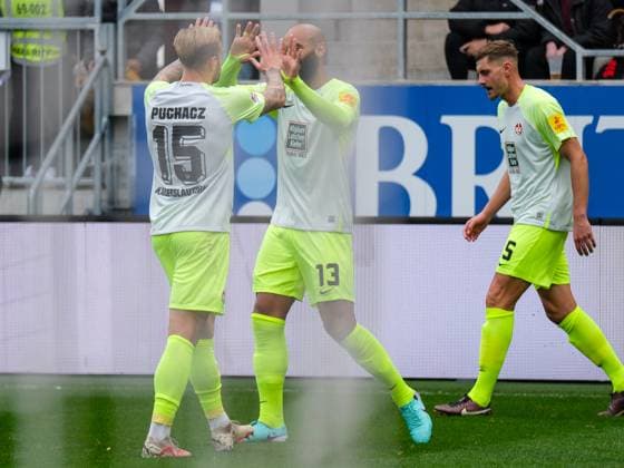 Tymoteusz Puchacz 1 FC Kaiserslautern, 15 and Terrence Boyd 1 FC Kaiserslautern, 13 celebrate the goal for 0 1, GER, SV Wehen Wiesbaden vs 1 FC Kaiserslautern, Football, 2 Bundesliga, Matchday 13, Season 2023 2024, 12 11 2023, DFL regulations prohibit any use of photographs as image sequences and or quasi video GER, SV Wehen Wiesbaden vs 1 FC Kaiserslautern, Fußball, 2 Bundesliga, 13 Spieltag, Spielzeit 2023 2024, 12 11 2023, Wiesbaden Copyright: xEibner-Pressefoto FlorianxWieganx EP_FWD