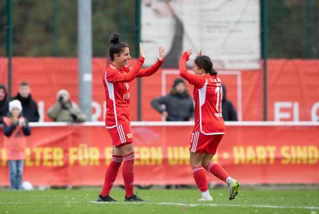 Soccer, Women, Season 2023 2024, Regionalliga Nordost 10 Matchday , 1 FC Union Berlin Türkiyemspor Berlin, f l Sarah Abu Sabbah 1 Women, 1 FC Union Berlin , Nour Youssef 1 Women, 1 FC Union Berlin , Cheering after goal to 8 0, 12 11 2023, Copyright: xSebastianxRäppold MatthiasxKochx
