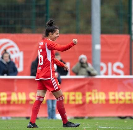 Soccer, Women, Season 2023 2024, Regionalliga Nordost 10 Matchday , 1 FC Union Berlin Türkiyemspor Berlin, Sarah Abu Sabbah 1 Women, 1 FC Union Berlin , Celebration after goal to 8 0, 12 11 2023, Copyright: xSebastianxRäppold MatthiasxKochx