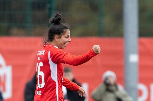 Soccer, Women, Season 2023 2024, Regionalliga Nordost 10 Matchday , 1 FC Union Berlin Türkiyemspor Berlin, Sarah Abu Sabbah 1 Women, 1 FC Union Berlin , Celebration after goal to 8 0, 12 11 2023, Copyright: xSebastianxRäppold MatthiasxKochx
