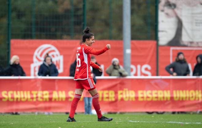Soccer, Women, Season 2023 2024, Regionalliga Nordost 10 Matchday , 1 FC Union Berlin Türkiyemspor Berlin, Sarah Abu Sabbah 1 Women, 1 FC Union Berlin , Celebration after goal to 8 0, 12 11 2023, Copyright: xSebastianxRäppold MatthiasxKochx