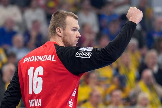 Tomas Mrkva goalkeeper, THW, 16 , single picture, single photo, action, action, cheering, cheering, celebration, joy, confident, optimistic, game scene, action, 12 11 2023, Mannheim Germany , Handball, Bundesliga, Rhein Neckar Löwen THW Kiel xozx