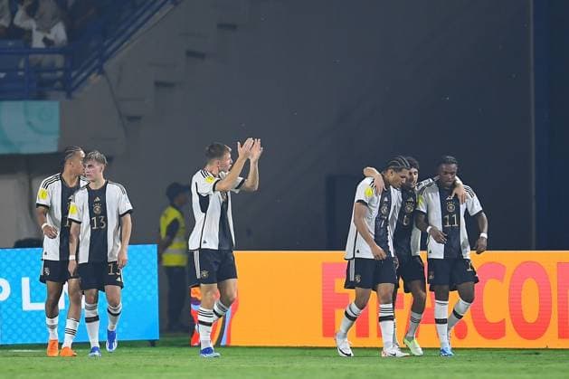 RECORD DATE NOT STATED FIFA U-17 World Cup Indonesia 2023 Mexico vs Germnay Noah Darvich celebrates his goal 0-1 of Germany during the game Mexico vs Germany, corresponding to Group F of the FIFA U-17 World Cup Indonesia 2023, at Si Jalak Harupat Stadium, on November 12, 2023. <br><br> Noah Darvich celebra su gol 0-1 de Alemania durante el partido Mexico vs Alemania, correspondiente al Grupo F de la Copa Mundial de la FIFA Sub-17 Indonesia 2023, en el Estadio Si Jalak Harupat Stadium, el 12 de Noviembre de 2023. BANDUNG INDONESIA INDONESIA  Copyright: xAdrianxMaciasx 20231112063702_FWC_U17_GF_MEX_GER_DARVICH42