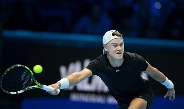 November 12, 2023, Turin: Holger Rune of Denmark in action during the Nitto ATP, Tennis Herren Finals 2023 tennis tournament at the Pala Alpitour arena in Turin, Italy, 12 November 2023. ANSA ALESSANDRO DI MARCO Tennis ATP Finals 2023  - ZUMAa110 20231112_zaf_a110_102 Copyright: xAlessandroxDixMarcox