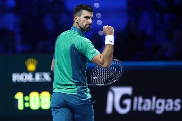 Novak Djokovic vs Holger Rune Novak Djokovic of Serbia celebrates during the singles match between Novak Djokovic of Serbia and Holger Rune of Denmark on Day One of the Nitto ATP, Tennis Herren World Tour Finals at Pala Alpitour on November 12, 2023 in Turin, Italy Torino Pala Alpitour Italy Copyright: xMarcoxCanonierox
