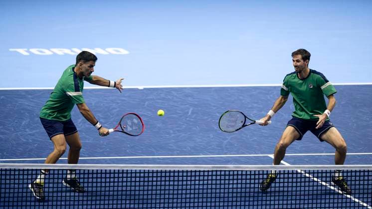 Nitto ATP, Tennis Herren Finals - Day One Maximo Gonzalez (L) and Andres Molteni of Argentina are seen in action during the round robin doubles match against Ivan Dodig of Croatia and Austin Krajicek of USA during day one of the Nitto ATP Finals. Ivan Dodig and Austin Krajicek won the match 6-4, 6-2. Turin Italy Copyright: xNicolòxCampox