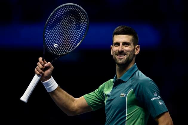 Nitto ATP, Tennis Herren Finals - Day One Novak Djokovic of Serbia celebrates at the end of the round robin singles match against Holger Rune of Denmark during day one of the Nitto ATP Finals. Novak Djokovic won 7-6(4), 6-7(1), 6-3. Turin Italy Copyright: xNicolòxCampox