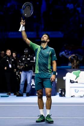 Nitto ATP, Tennis Herren Finals - Day One Novak Djokovic of Serbia celebrates at the end of the round robin singles match against Holger Rune of Denmark during day one of the Nitto ATP Finals. Novak Djokovic won 7-6(4), 6-7(1), 6-3. Turin Italy Copyright: xNicolòxCampox