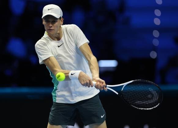 (231113) -- TURIN, Nov. 13, 2023 -- Jannick Sinner hits a return during the group stage match between Jannick Sinner of Italy and Stefanos Tsitsipas of Greece at ATP, Tennis Herren Finals tennis tournament in Turin, Italy, on Nov. 12, 2023. (Photo by Xinhua) (SP)ITALY-TURIN-TENNIS-ATP FINALS FedericoxTardito 
