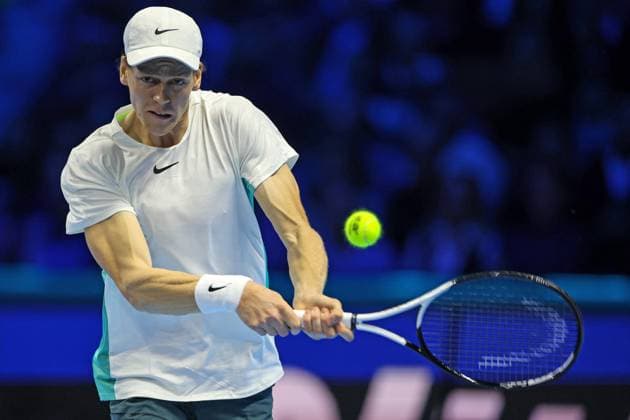 (231113) -- TURIN, Nov. 13, 2023 -- Jannick Sinner hits a return during the group stage match between Jannick Sinner of Italy and Stefanos Tsitsipas of Greece at ATP, Tennis Herren Finals tennis tournament in Turin, Italy, on Nov. 12, 2023. (Photo by Xinhua) (SP)ITALY-TURIN-TENNIS-ATP FINALS FedericoxTardito 