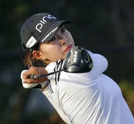 Golf: Annika Japan s Hinako Shibuno hits off the first tee during the final round of the Annika golf tournament on Nov. 12, 2023, at Pelican Golf Club in Belleair, Florida.  A14AA0002128944P