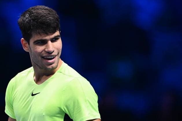 Foto Marco Alpozzi LaPresse 13 Novembre 2023 Torino - Italia - - Tennis Nitto ATP, Tennis Herren Finals - Carlos ALCARAZ (ESP) vs Alexander ZVEREV (GER) Nella foto: Carlos Alcaraz (Spain) November 13, 2023 Turin - Italy - Sport - Tennis Nitto ATP Finals - Carlos ALCARAZ (ESP) vs Alexander ZVEREV (GER) In the pic:Carlos Alcaraz (Spain)  Copyright: xMarcoxAlpozzi LaPressex