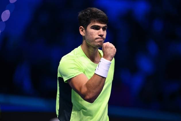 Foto Marco Alpozzi LaPresse 13 Novembre 2023 Torino - Italia - - Tennis Nitto ATP, Tennis Herren Finals - Carlos ALCARAZ (ESP) vs Alexander ZVEREV (GER) Nella foto: Carlos Alcaraz (Spain) react November 13, 2023 Turin - Italy - Sport - Tennis Nitto ATP Finals - Carlos ALCARAZ (ESP) vs Alexander ZVEREV (GER) In the pic:Carlos Alcaraz (Spain) react  Copyright: xMarcoxAlpozzi LaPressex