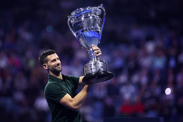 Nitto ATP, Tennis Herren World Tour Finals Novak Djokovic of Serbia is awarded with the trophy as best ATP player of the year 2023 during Day two of the Nitto ATP World Tour Finals at Pala Alpitour on November 13, 2023 in Turin, Italy Torino Pala Alpitour Italy Copyright: xMarcoxCanonierox