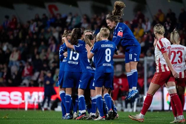 Gia Corley TSG Hoffenheim, 10 , Marta Cazalla Garcia TSG Hoffenheim, 15 , Paulina Krumbiegel TSG Hoffenheim, 08 , Jana Feldkamp TSG Hoffenheim, 31 , celebrate the goal for 1 2, GER, FC Koeln vs TSG 1899 Hoffenheim, Football Google Pixel Womens Bundesliga, 7 Spieltag, Saison 2023 2024, 13 11 2023 DFB regulations prohibit any use of photographs as image sequences and or quasi video GER, FC Koeln vs TSG 1899 Hoffenheim, Fußball Google Pixel Frauen Bundesliga, 7 Spieltag, Saison 2023 2024, 13 11 2023 Muenchen Copyright: xEibner-Pressefoto Memmlerx EP_MMR