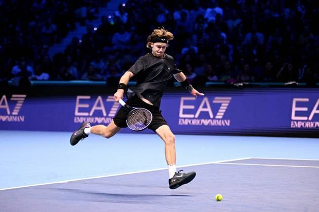 Foto Marco Alpozzi LaPresse 13 Novembre 2023 Torino - Italia - - Tennis Nitto ATP, Tennis Herren Finals - Daniil MEDVEDEV (RUS) vs Andrey RUBLEV (RUS) Nella foto: Andrey Rublev (Russia) react and kicks the ball November 13, 2023 Turin - Italy - Sport - Tennis Nitto ATP Finals - Daniil MEDVEDEV (RUS) vs Andrey RUBLEV (RUS) In the pic: Andrey Rublev (Russia) react and kicks the ball  Copyright: xMarcoxAlpozzi LaPressex
