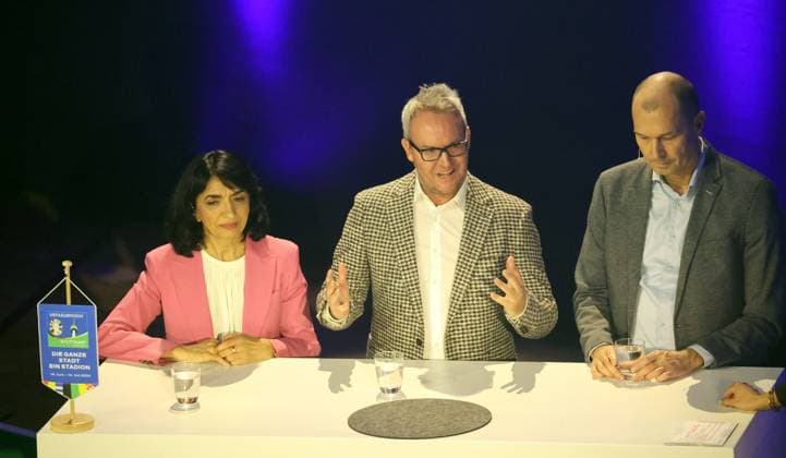 13 11 23 Podium Talk Diversity unites Germany, Stuttgart, 13 11 2023, Football, UEFA Euro 2024, Host City Stuttgart, Podium Talk Diversity unites f l Muhterem Aras MdL, President Landtag BW , Alexander Wehrle CEO VfB Stuttgart , Frank Thumm wfv
