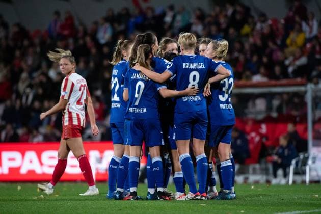 Gia Corley TSG Hoffenheim, 10 , Sarai Linder TSG Hoffenheim, 22 , Jill Janssens TSG Hoffenheim, 09 , ä8h , Vanessa Diehm TSG Hoffenheim, 32 celebrate the goal for 1 2, GER, FC Koeln vs TSG 1899 Hoffenheim, Football Google Pixel Womens Bundesliga, 7 Spieltag, Saison 2023 2024, 13 11 2023 DFB regulations prohibit any use of photographs as image sequences and or quasi video GER, FC Koeln vs TSG 1899 Hoffenheim, Fußball Google Pixel Frauen Bundesliga, 7 Spieltag, Saison 2023 2024, 13 11 2023 Muenchen Copyright: xEibner-Pressefoto Memmlerx EP_MMR