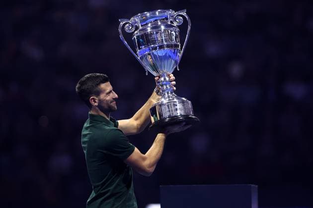 Nitto ATP, Tennis Herren World Tour Finals Novak Djokovic of Serbia is awarded with the trophy as best ATP player of the year 2023 during Day two of the Nitto ATP World Tour Finals at Pala Alpitour on November 13, 2023 in Turin, Italy Torino Pala Alpitour Italy Copyright: xMarcoxCanonierox