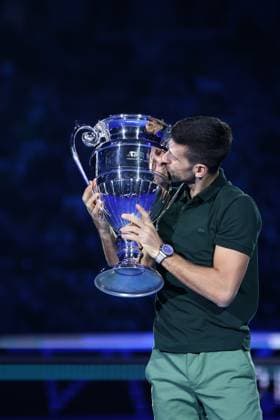 Nitto ATP, Tennis Herren World Tour Finals Novak Djokovic of Serbia is awarded with the trophy as best ATP player of the year 2023 during Day two of the Nitto ATP World Tour Finals at Pala Alpitour on November 13, 2023 in Turin, Italy Torino Pala Alpitour Italy Copyright: xMarcoxCanonierox