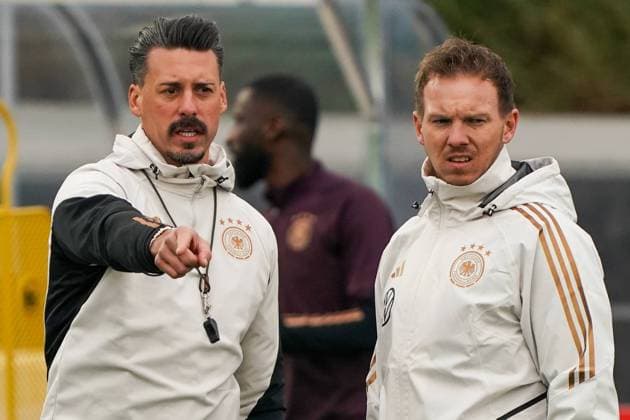 Co-coach assistant coach Sandro Wagner Germany Germany and national coach Julian Nagelsmann Germany Germany observe the training 14 11 2023 Training German national team, DFB Campus Frankfurt