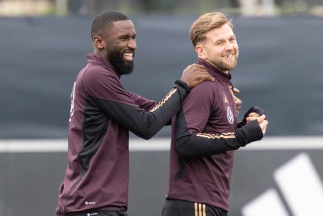 DFB Press Conference Antonio Rüdiger and Niclas Füllkrug have fun during training Training and Press Conference of the DFB on November 14, 2023 in Frankfurt am Main , Frankfurt am Main Hessen Germany DFB Campus