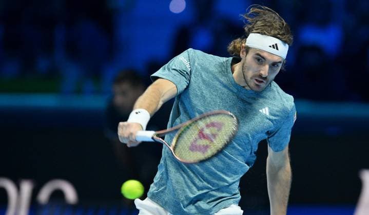 November 14, 2023, Turin: Stefanos Tsitsipas of Greece in action during the Nitto ATP, Tennis Herren Finals 2023 tennis tournament at the Pala Alpitour arena in Turin, Italy, 14 November 2023 ANSA ALESSANDRO DI MARCO Tennis: Nitto ATP Finals 2023  - ZUMAa110 20231114_zaf_a110_010 Copyright: xAlessandroxDixMarcox