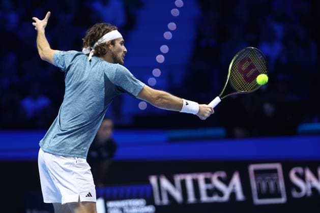 Stefanos Tsitsipas vs Holger Rune Stefanos Tsitsipas of Greece in action during the singles match between Stefanos Tsitsipas of Greece and Holger Rune of Greece on Day three of the Nitto ATP, Tennis Herren World Tour Finals at Pala Alpitour on November 14, 2023 in Turin, Italy Torino Pala Alpitour Italy Copyright: xMarcoxCanonierox