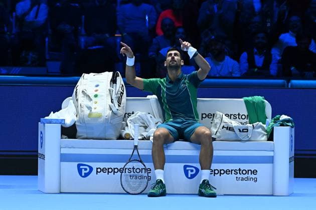 Nitto ATP, Tennis Herren Finals - Turin Novak Djokovic (SRB) during his second round match at the 2023 Nitto ATP Finals in Turin, Italy on November 14, 2023. Photo by Corinne Dubreuil ABACAPRESS.COM Turin Italy  Copyright: xDubreuilxCorinne ABACAx