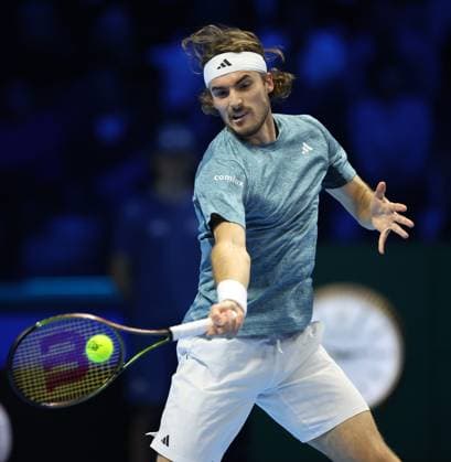 (231115) -- TURIN, Nov. 15, 2023 -- Stefanos Tsitsipas hits a return during the group stage match between Stefanos Tsitsipas of Greece and Holger Rune of Denmark at ATP, Tennis Herren Finals tennis tournament in Turin, Italy, on Nov. 14, 2023. (Photo by Xinhua) (SP)ITALY-TURIN-TENNIS-ATP FINALS AlbertoxLingria 
