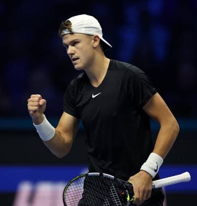 (231115) -- TURIN, Nov. 15, 2023 -- Holger Rune celebrates scoring during the group stage match between Stefanos Tsitsipas of Greece and Holger Rune of Denmark at ATP, Tennis Herren Finals tennis tournament in Turin, Italy, on Nov. 14, 2023. (Photo by Xinhua) (SP)ITALY-TURIN-TENNIS-ATP FINALS AlbertoxLingria 