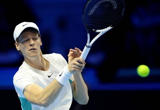 (231115) -- TURIN, Nov. 15, 2023 -- Jannik Sinner hits a return during the group stage match between Novak Djokovic of Serbia and Jannik Sinner of Italy at ATP, Tennis Herren Finals tennis tournament in Turin, Italy, Nov. 14, 2023. (Photo by Xinhua) (SP)ITALY-TURIN-TENNIS-ATP FINALS AlbertoxLingria 
