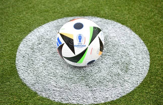 (231115) -- BERLIN, Nov. 15, 2023 -- Photo taken on Nov. 15, 2023 shows an official match ball of UEFA EURO, EM, Europameisterschaft,Fussball 2024 during the unveiling event of the official match ball of UEFA EURO 2024 in Berlin, Germany, Nov. 15, 2023. ) (SP)GERMANY-BERLIN-FOOTBALL-EURO 2024-OFFICIAL MATCH BALL-UNVEILING RenxPengfei 