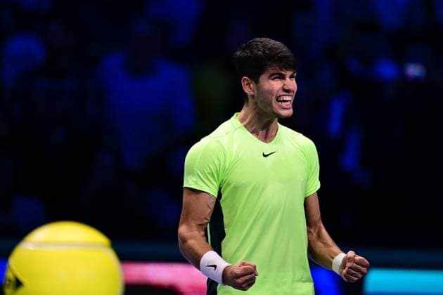 Foto Marco Alpozzi LaPresse 15 Novembre 2023 Torino - Italia - - Tennis Nitto ATP, Tennis Herren Finals - Carlos ALCARAZ (ESP) vs Andrey RUBLEV (RUS) Nella foto: Carlos Alcaraz (Spain) esulta November 15, 2023 Turin - Italy - Sport - Tennis Nitto ATP Finals - Carlos ALCARAZ (ESP) vs Andrey RUBLEV (RUS) In the pic: Carlos Alcaraz (Spain) celebrate  Copyright: xMarcoxAlpozzi LaPressex