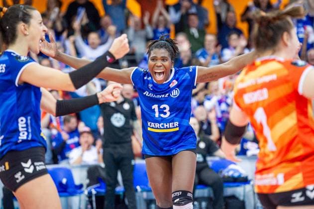 Krystal Rivers Allianz MTV Stuttgart, 13 , Scream, joy, jubilation Volleyball Champions League Allianz MTV Stuttgart Imoco Volley Conegliano, 15 11 2023, Stuttgart SCHARRena , Volleyball Champions League Allianz MTV Stuttgart Imoco Volley Conegliano, 15 11 2023, Stuttgart SCHARRena , Stuttgart Copyright: xSandyxDinkelackerx EP_SDR