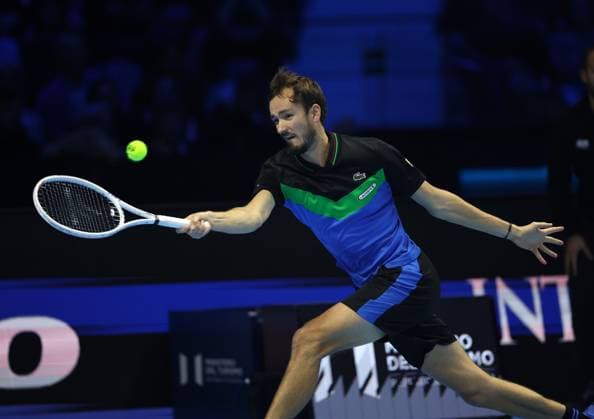 (231116) -- TURIN, Nov. 16, 2023 -- Daniil Medvedev hits a return during the group stage match between Daniil Medvedev of Russia and Alexander Zverev of Germany at ATP, Tennis Herren Finals tennis tournament in Turin, Italy, Nov. 15, 2023. (Photo by Xinhua) (SP)ITALY-TURIN-TENNIS-ATP FINALS AlbertoxLingria 