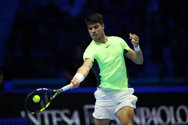 (231116) -- TURIN, Nov. 16, 2023 -- Carlos Alcaraz hits a return during the group stage match between Carlos Alcaraz of Spain and Andrey Rublev of Russia at ATP, Tennis Herren Finals tennis tournament in Turin, Italy, Nov. 15, 2023. (Photo by Xinhua) (SP)ITALY-TURIN-TENNIS-ATP FINALS AlbertoxLingria 