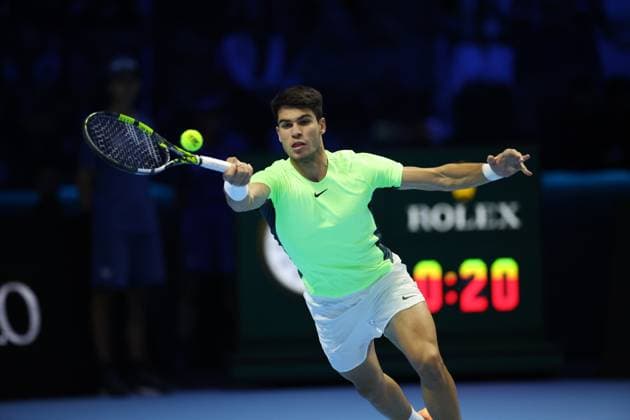 (231116) -- TURIN, Nov. 16, 2023 -- Carlos Alcaraz hits a return during the group stage match between Carlos Alcaraz of Spain and Andrey Rublev of Russia at ATP, Tennis Herren Finals tennis tournament in Turin, Italy, Nov. 15, 2023. (Photo by Xinhua) (SP)ITALY-TURIN-TENNIS-ATP FINALS AlbertoxLingria 