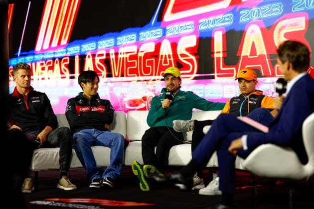 27 Nico Hulkenberg DEU, MoneyGram Haas F1 Team , 24 Guanyu Zhou CHN, Alfa Romeo F1 Team Stake , 14 Fernando Alonso ESP, Aston Martin Aramco Cognizant F1 Team , 4 Lando Norris GBR, McLaren F1 Team , F1 Grand Prix of Las Vegas at Las Vegas Strip Circuit on November 15, 2023 in Las Vegas, United States of America Photo by HOCH ZWEI Las Vegas United States of America