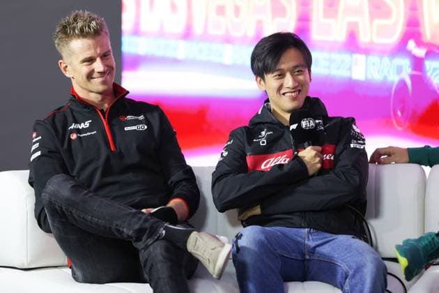 HULKENBERG Nico (ger), Haas F1 Team VF-23 Ferrari, ZHOU Guanyu (chi), Alfa Romeo F1 Team Stake C43, portrait press conference, PK, Pressekonferenz during the 2023 Formula 1 Heineken Silver Las Vegas Grand Prix, 21th round of the 2023 Formula One World Championship, WM, Weltmeisterschaft from November 17 to 19, 2023 on the Las Vegas Strip Circuit, in Las Vegas, USA - F1 - LAS VEGAS GRAND PRIX 2023 DPPI Panoramic 00123046_AV6_3862